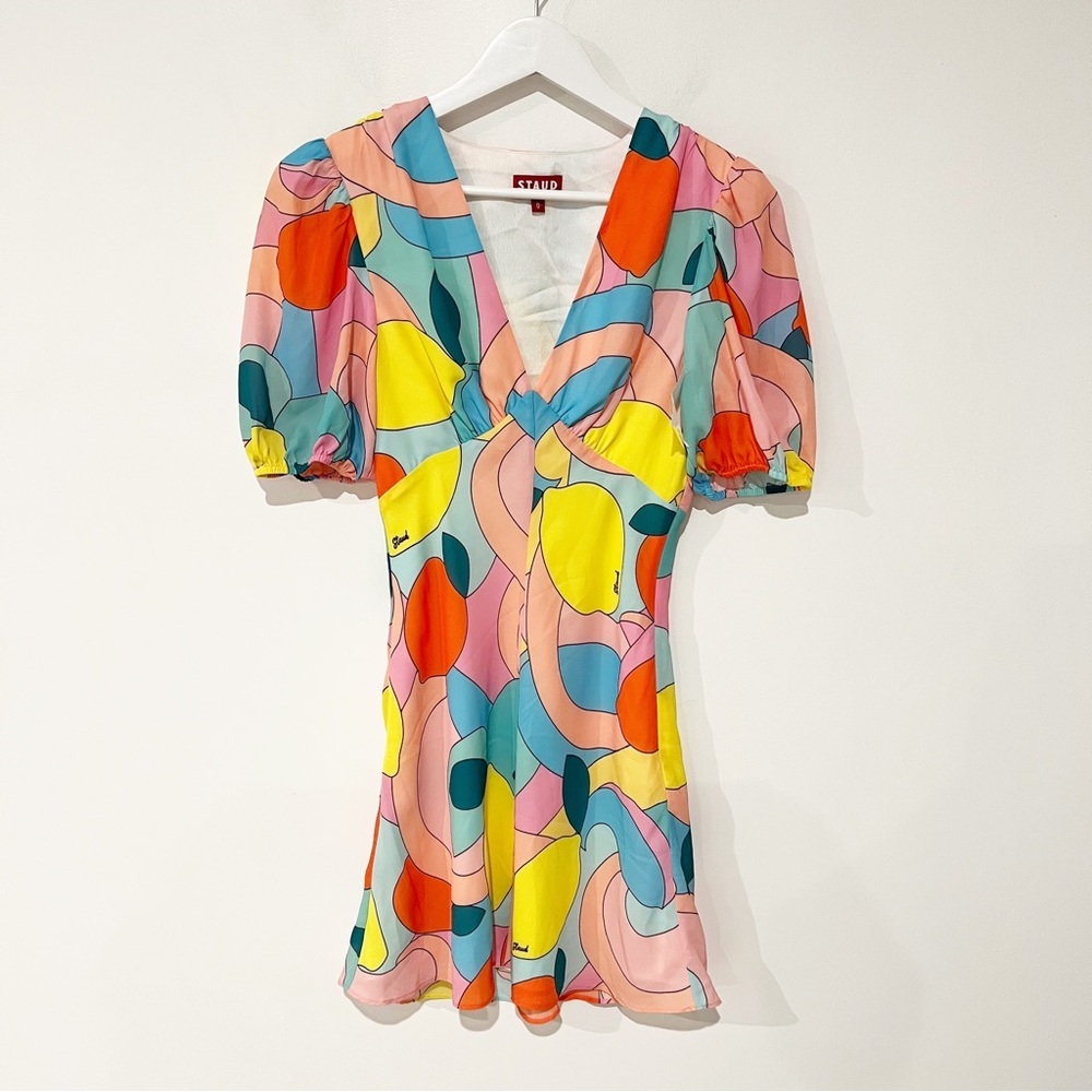 Staud Mini Milla Dress in Citrus Kaleidoscope Multicolor Puff Sleeve in Size 0 - Picture 13 of 16
